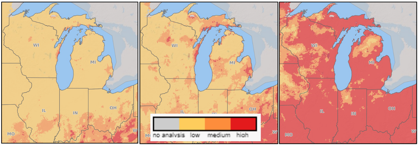 Risk of head scab for moderately susceptible (left), susceptible (middle) and very susceptible (right) varieties as of June 1 according to the Fusarium Risk Tool.